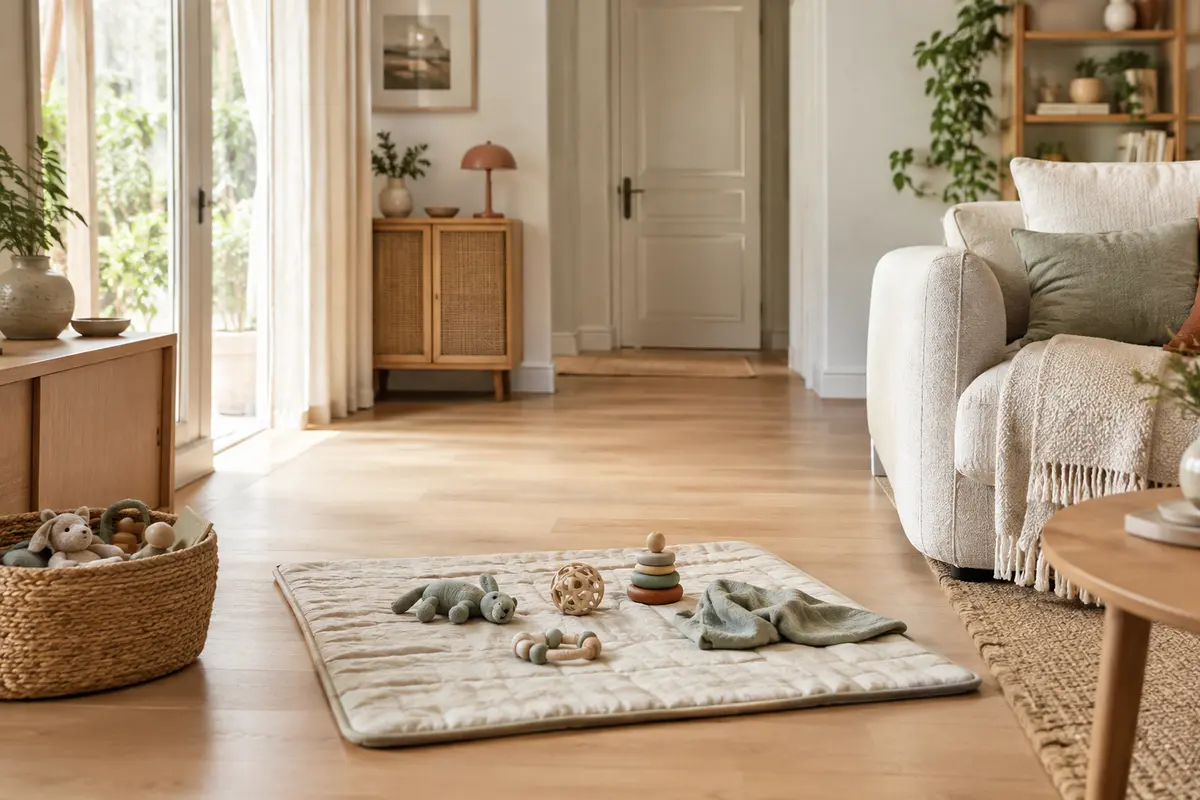 Coin d’éveil bébé sur tapis compact, jouets rangés dans un panier et passage dégagé dans un petit salon