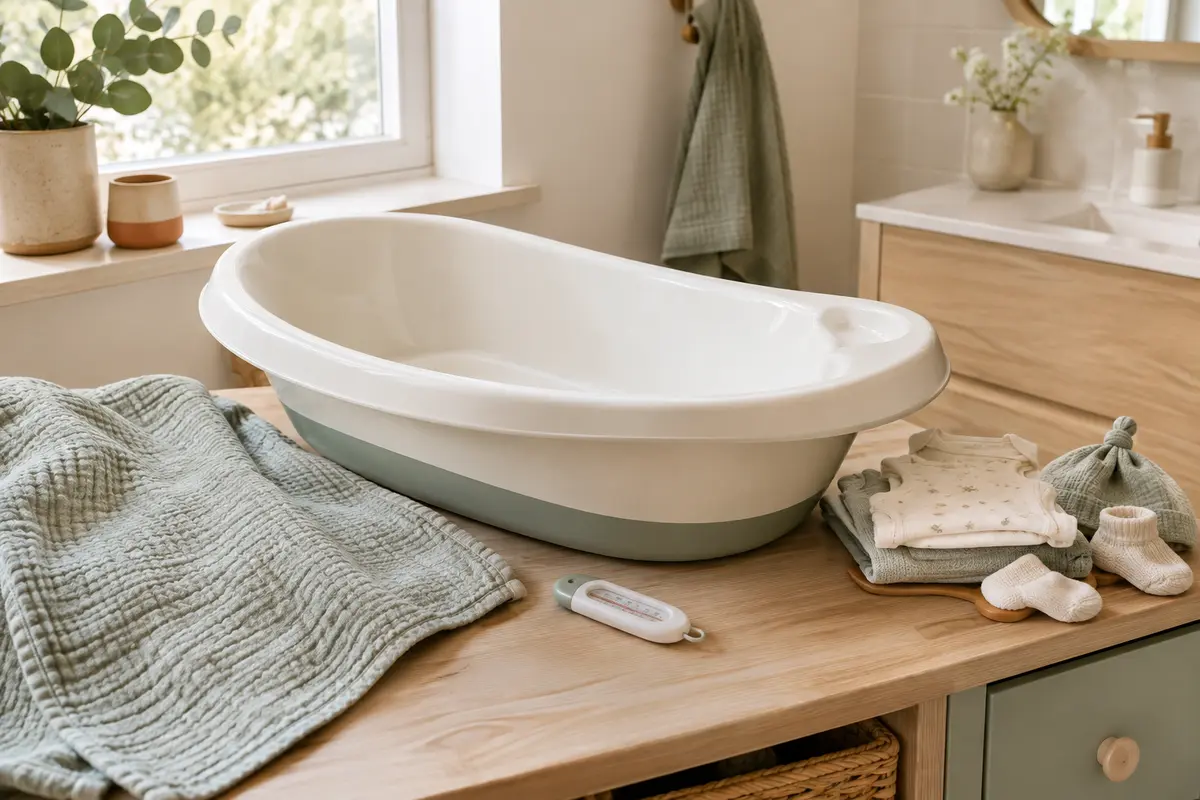 Baignoire bébé sur une surface stable, avec serviette, vêtements et thermomètre préparés à proximité.