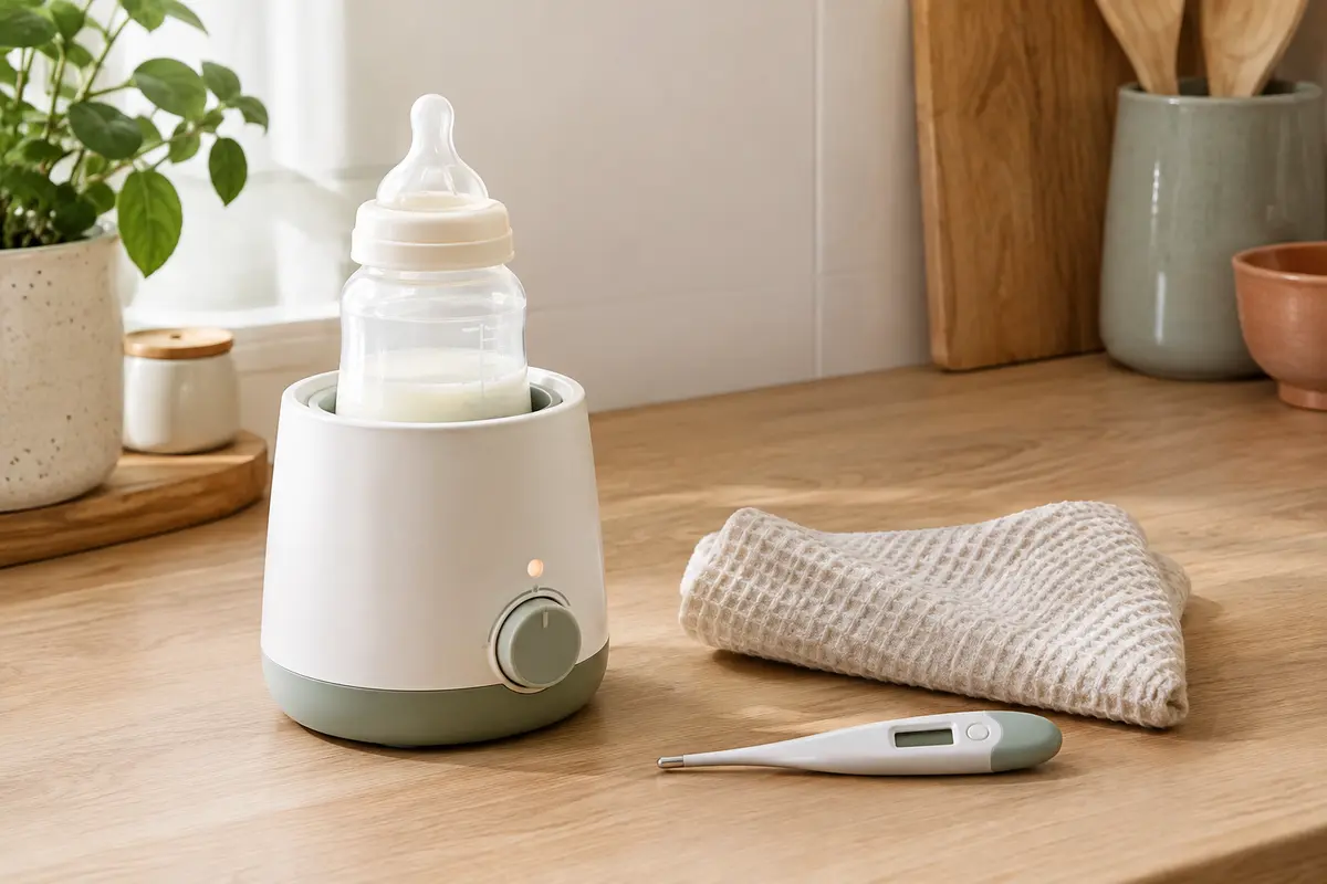 Biberon et chauffe-biberon posés sur un plan de cuisine, avec un thermomètre alimentaire à proximité.