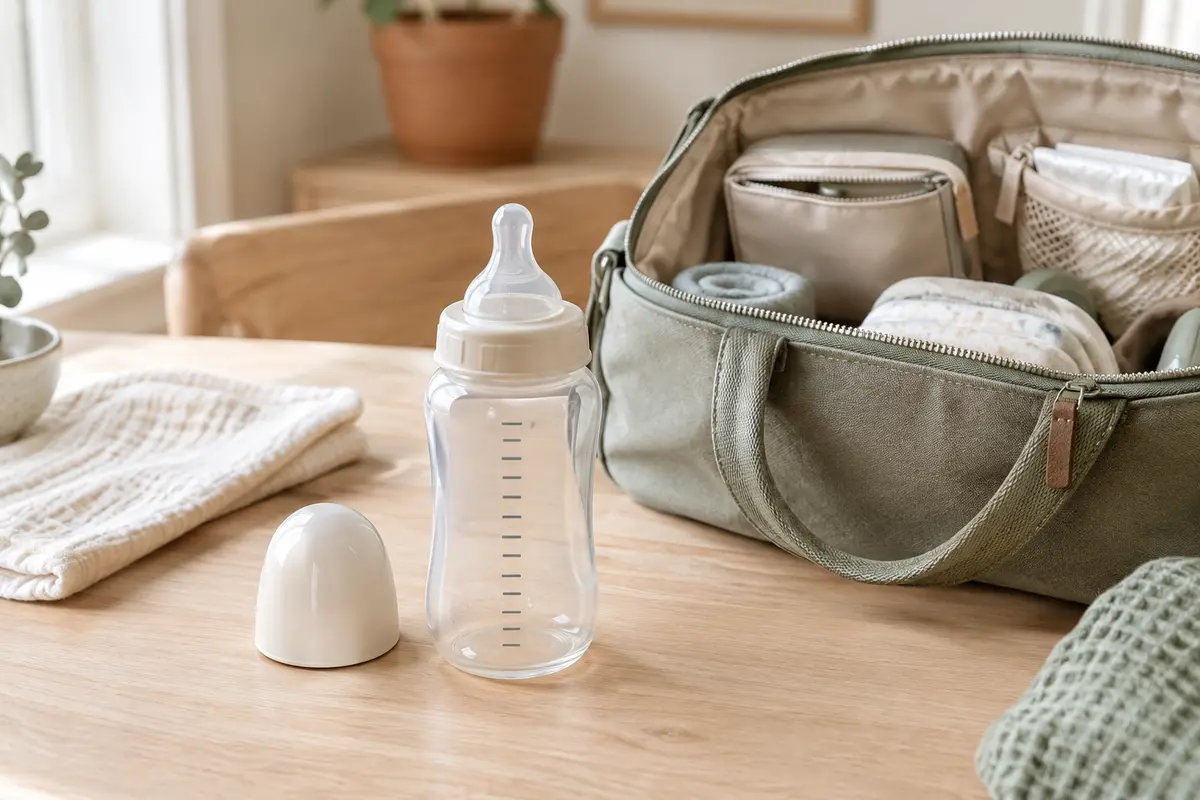 Deux biberons de formats différents et des accessoires posés près d’un sac à langer.
