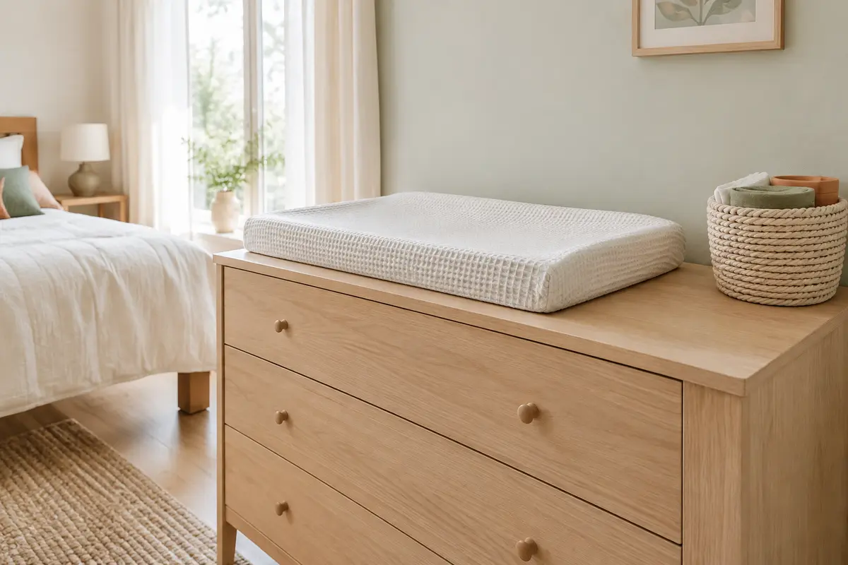 Coin change bébé avec matelas à langer sur un meuble stable et accessoires rangés à proximité