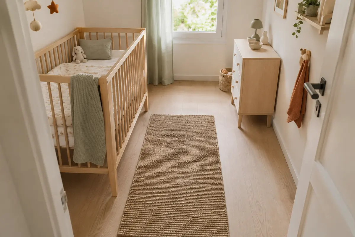 Petite chambre de bébé avec lit dégagé, rangement compact et passage libre entre la porte et le couchage.