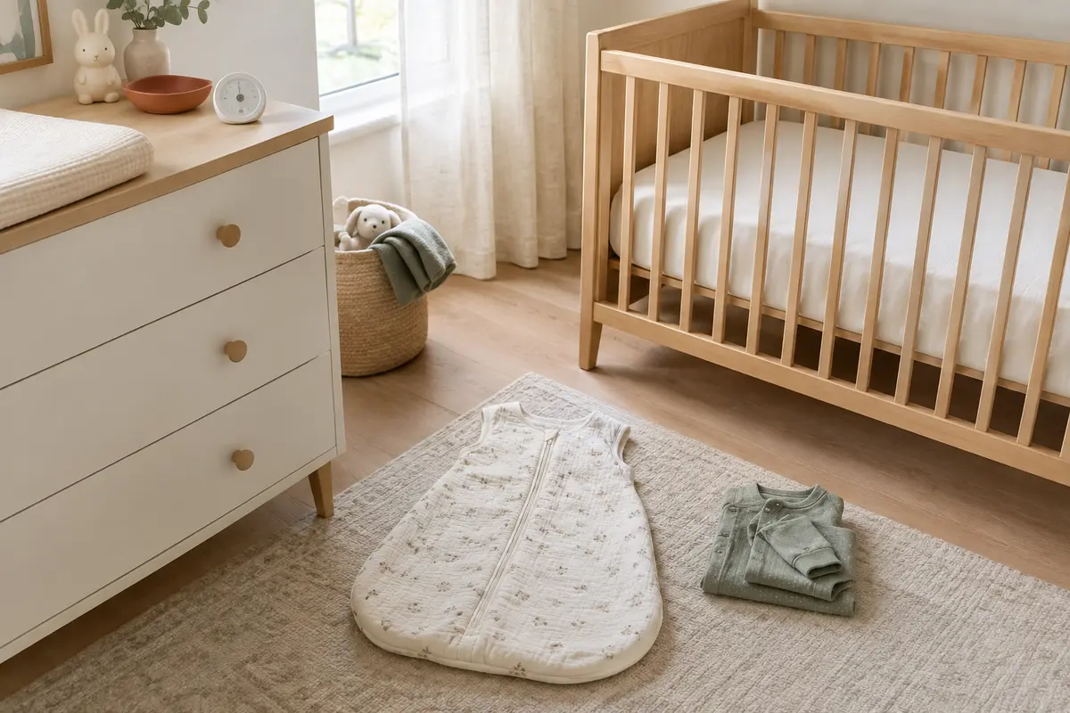 Gigoteuse sans manches pliée près de vêtements de nuit et d’un thermomètre dans une chambre de bébé