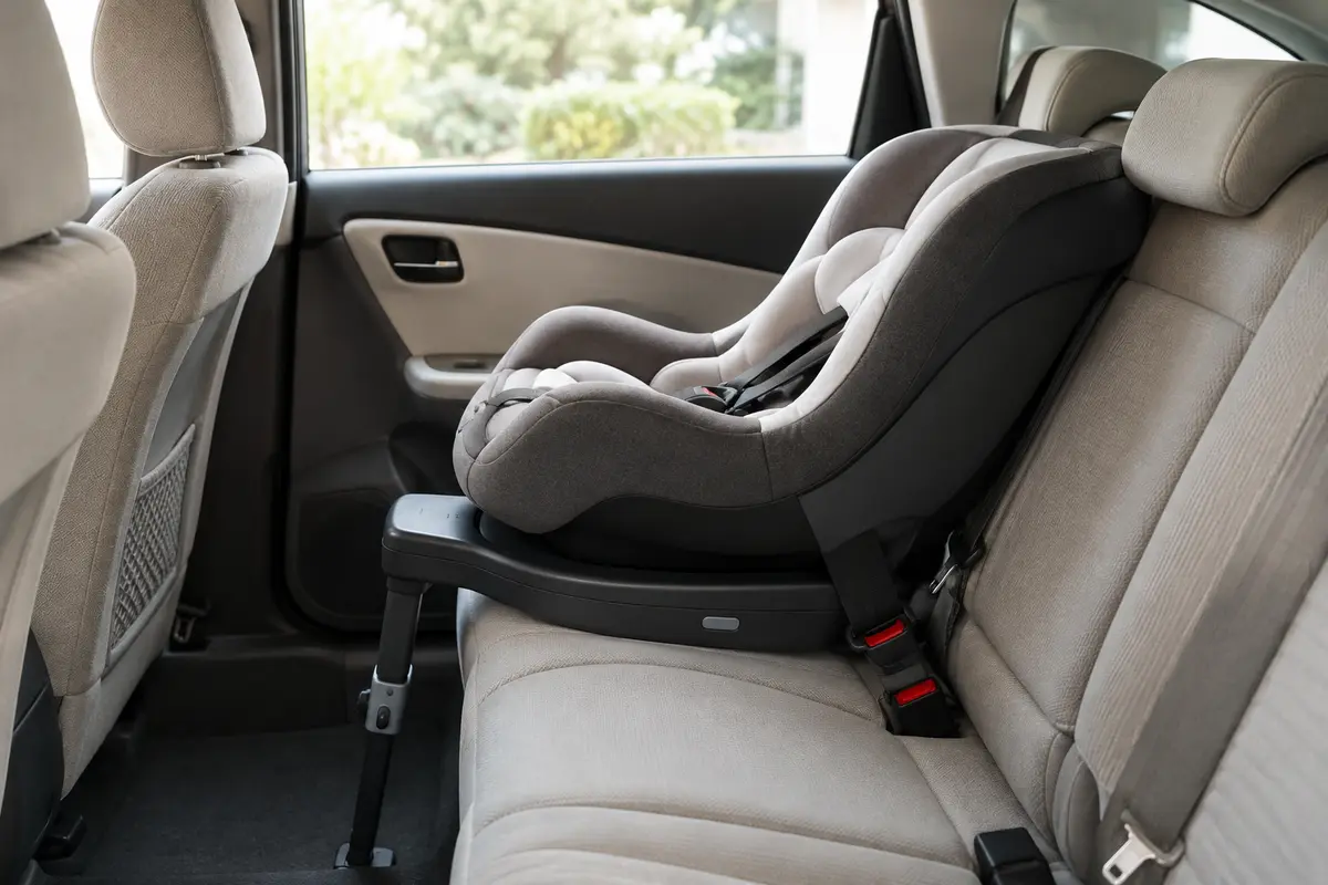 Siège auto bébé vide installé dos à la route sur la banquette arrière d’une voiture