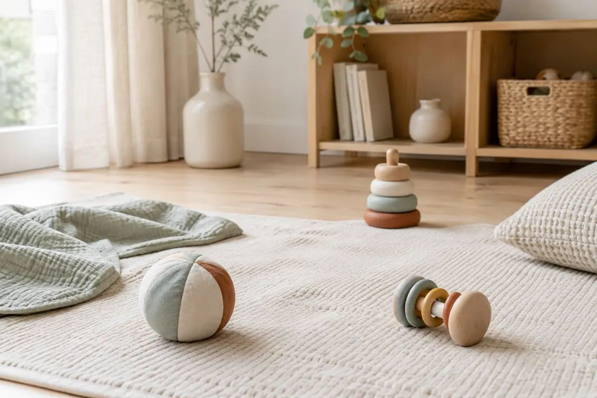 Jouets d’éveil aux formes et textures variées disposés sur un tapis dans un espace dégagé.