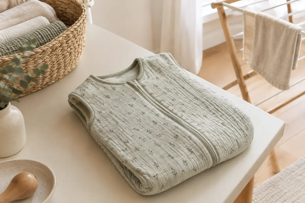 Gigoteuse bébé pliée près d’une étiquette d’entretien et d’un panier de linge clair.