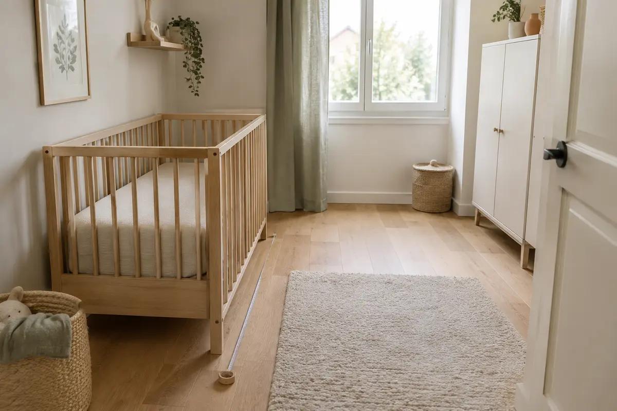 Lit bébé dans une petite chambre, avec un passage libre et son emprise matérialisée au sol.