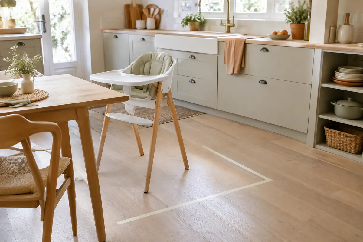 Chaise haute bébé vide dans une petite cuisine, avec un mètre ruban et un passage dégagé.