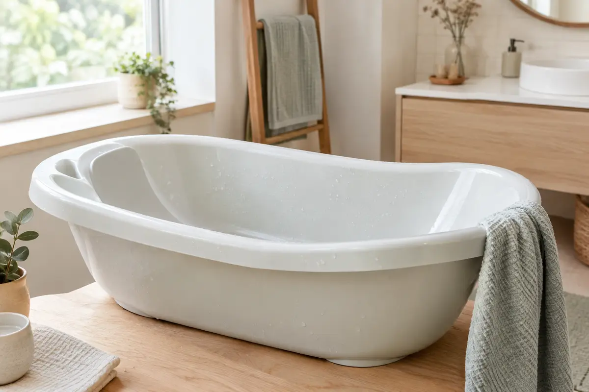 Baignoire bébé pliable ouverte après rinçage, avec son bouchon visible et prête à sécher à l’air libre.