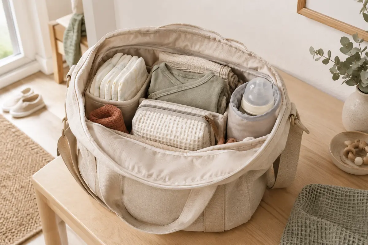 Sac à langer ouvert et organisé avec couches, tenue de rechange et accessoires séparés pour une sortie courte