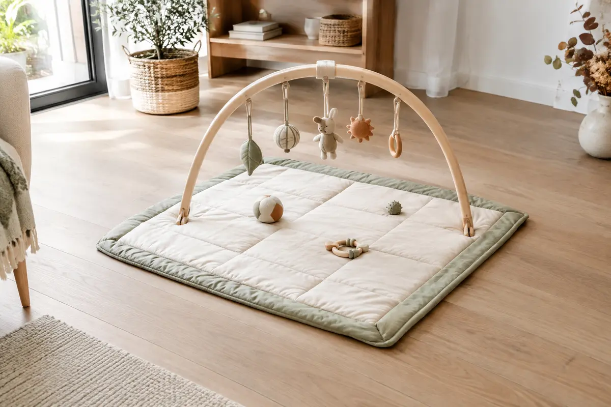 Tapis d’éveil posé à plat dans un coin dégagé du salon, avec quelques jouets espacés