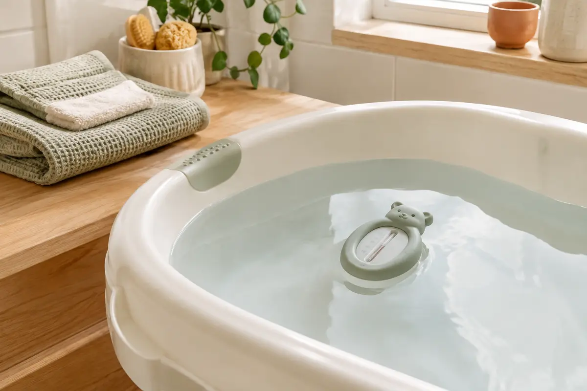 Thermomètre flottant dans une baignoire bébé vide, avec une serviette pliée à proximité.
