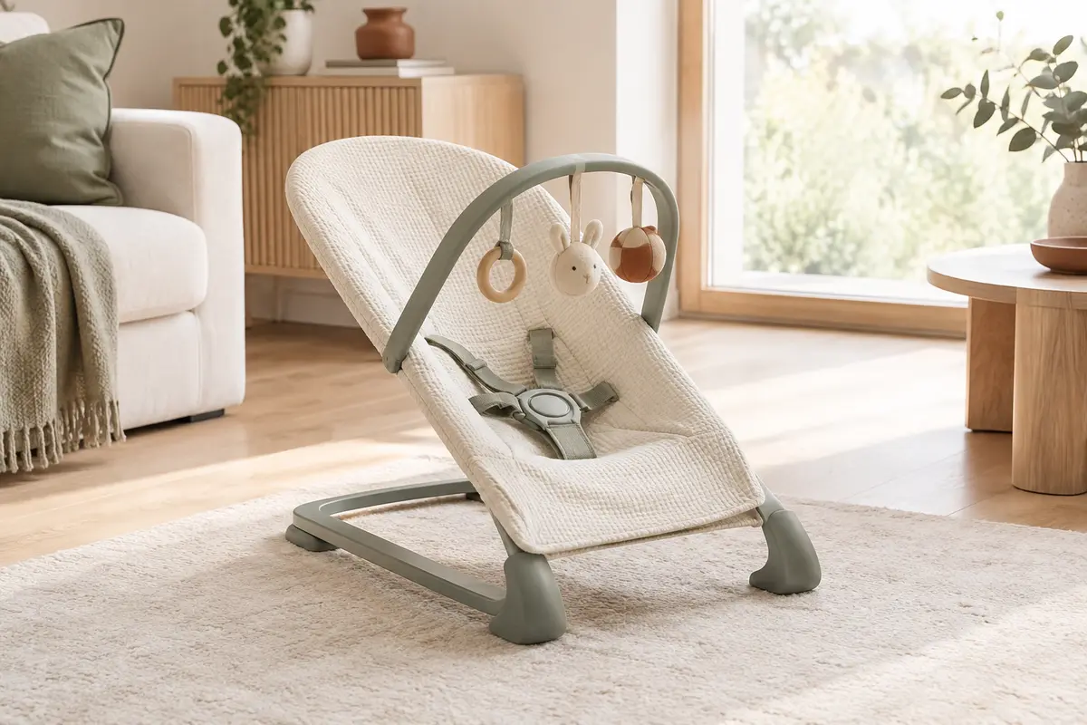 Transat bébé installé sur un sol plat et dégagé, avec son harnais visible dans un salon lumineux