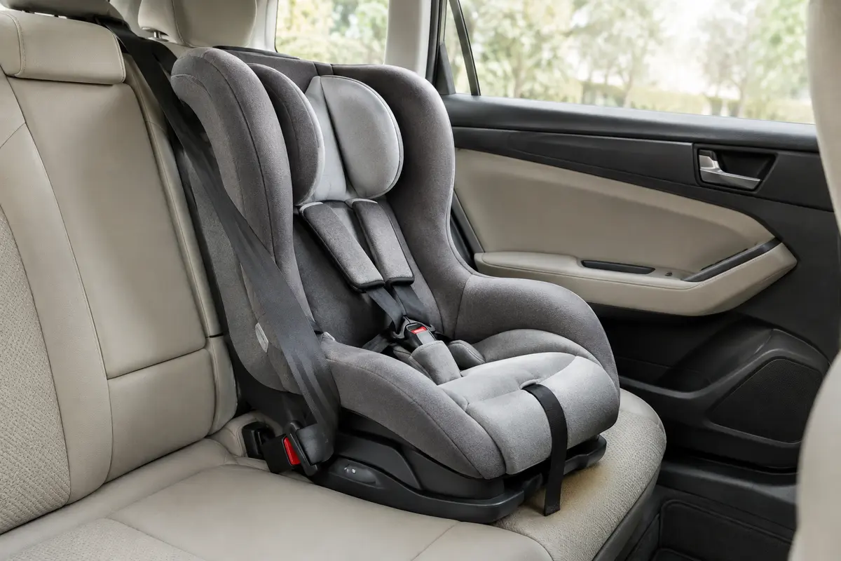 Siège auto bébé sur une banquette arrière, avec les attaches visibles lors d’une vérification de compatibilité.