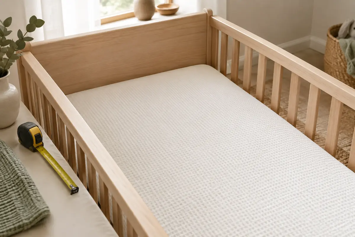 Matelas posé à plat dans un lit bébé, avec un mètre ruban le long du bord pour vérifier ses dimensions.