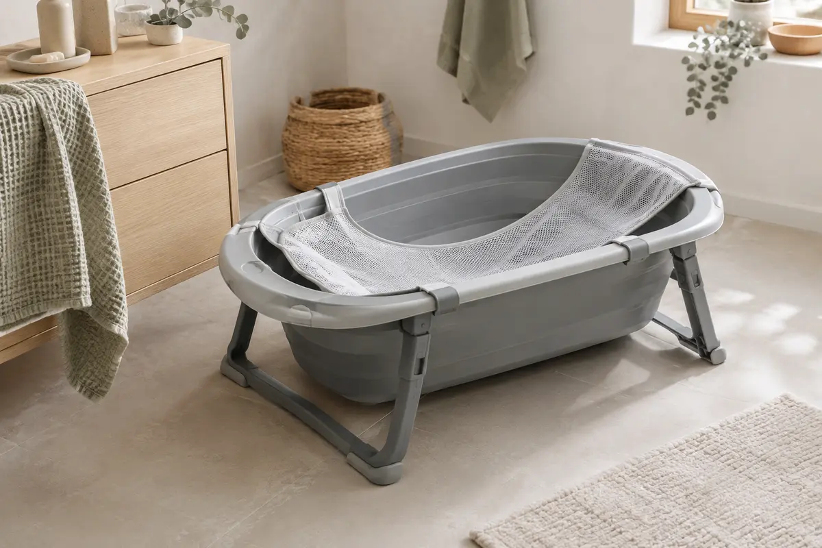 Baignoire bébé pliante grise avec coussin amovible, ouverte au sol dans une salle de bains lumineuse