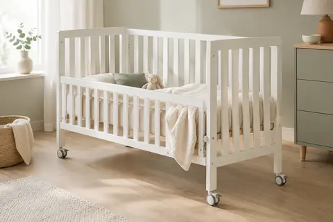 Lit bébé blanc en hêtre avec barreaux plats, barrière rabattable et roulettes dans une chambre lumineuse.