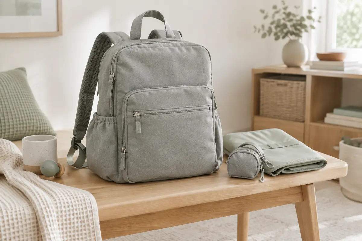 Sac à dos à langer gris avec tapis pliable et étui à sucette dans une pièce lumineuse et épurée.
