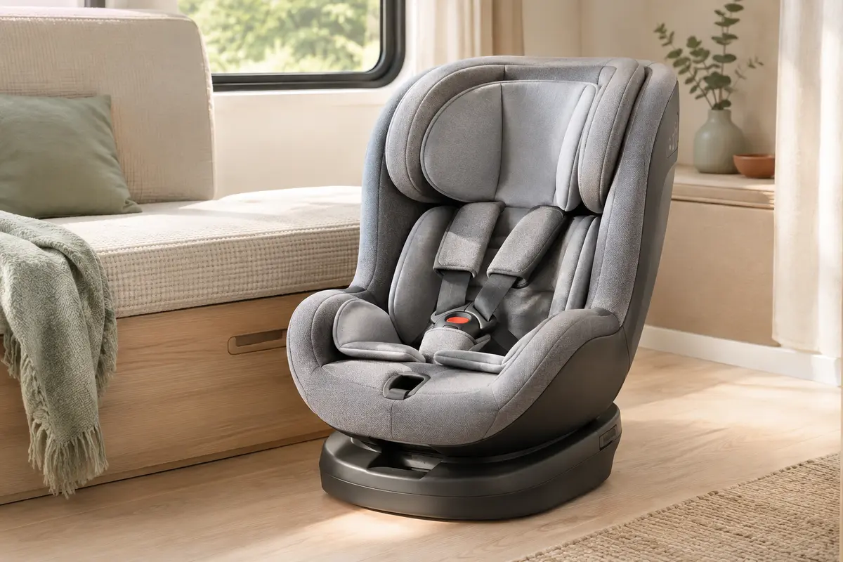 Siège auto Babify Onboard gris avec harnais à cinq points et base pivotante, présenté dans une pièce claire