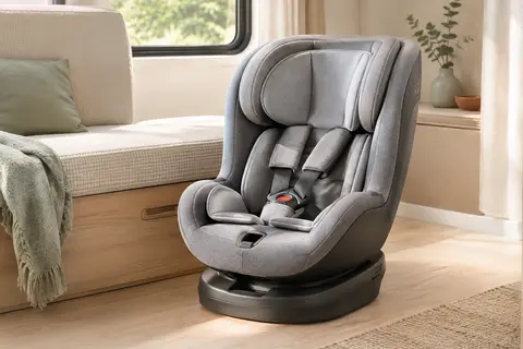 Siège auto Babify Onboard gris avec harnais à cinq points et base pivotante, présenté dans une pièce claire