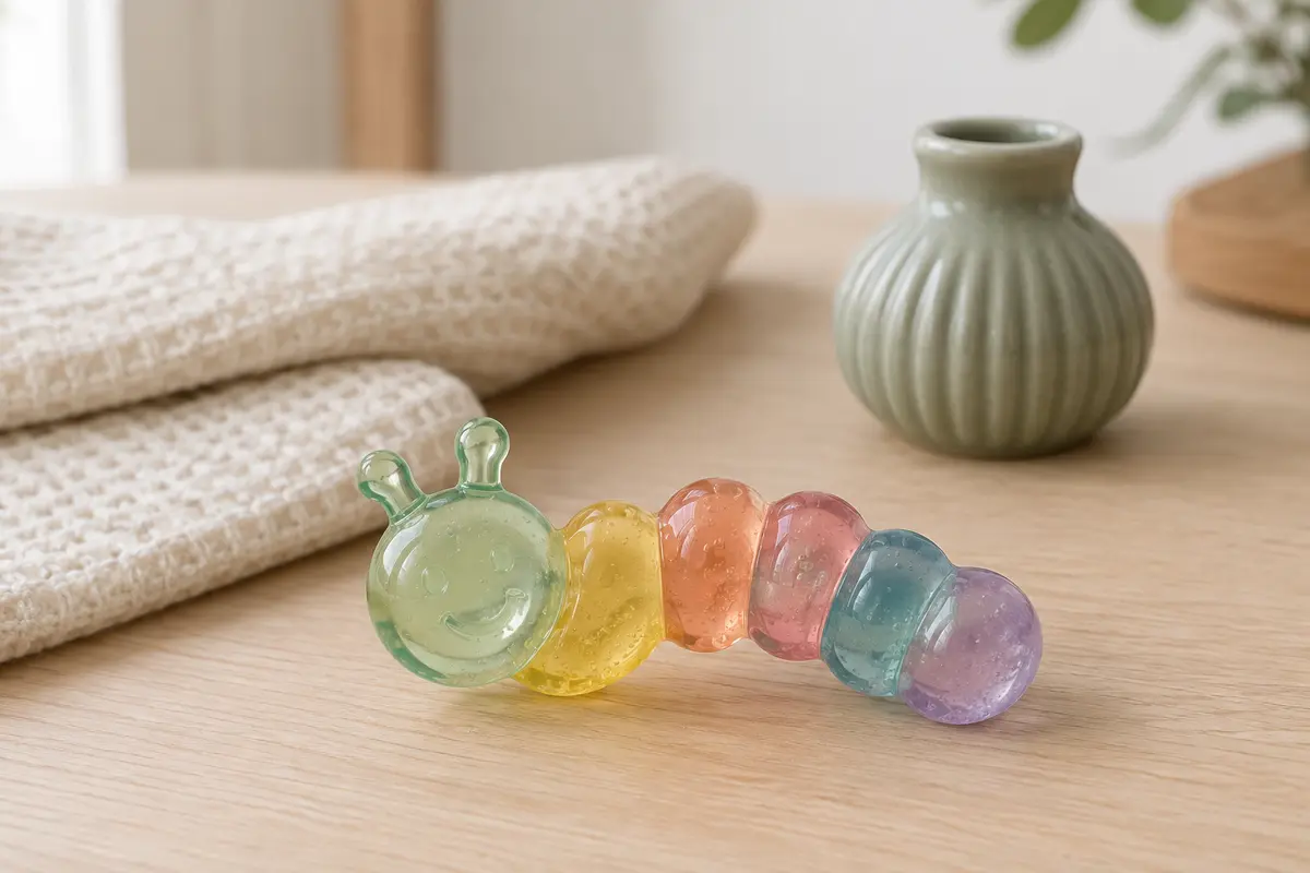 Anneau de dentition Baby Einstein en forme de chenille colorée, posé sur une table en bois clair.