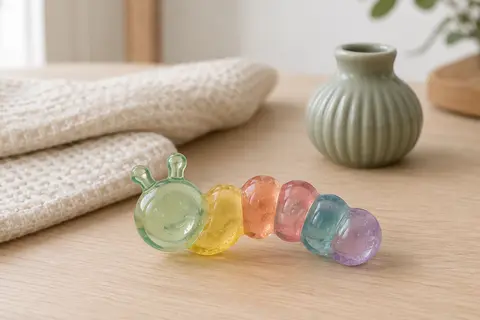 Anneau de dentition Baby Einstein en forme de chenille colorée, posé sur une table en bois clair.