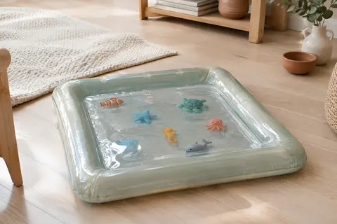 Tapis d’éveil à eau carré avec bordure gonflable et six créatures marines flottantes