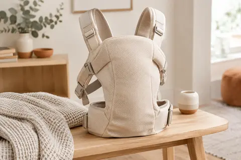 Porte-bébé ventral Mini en Jersey 3D beige clair, posé sur un banc en bois clair dans une pièce lumineuse.
