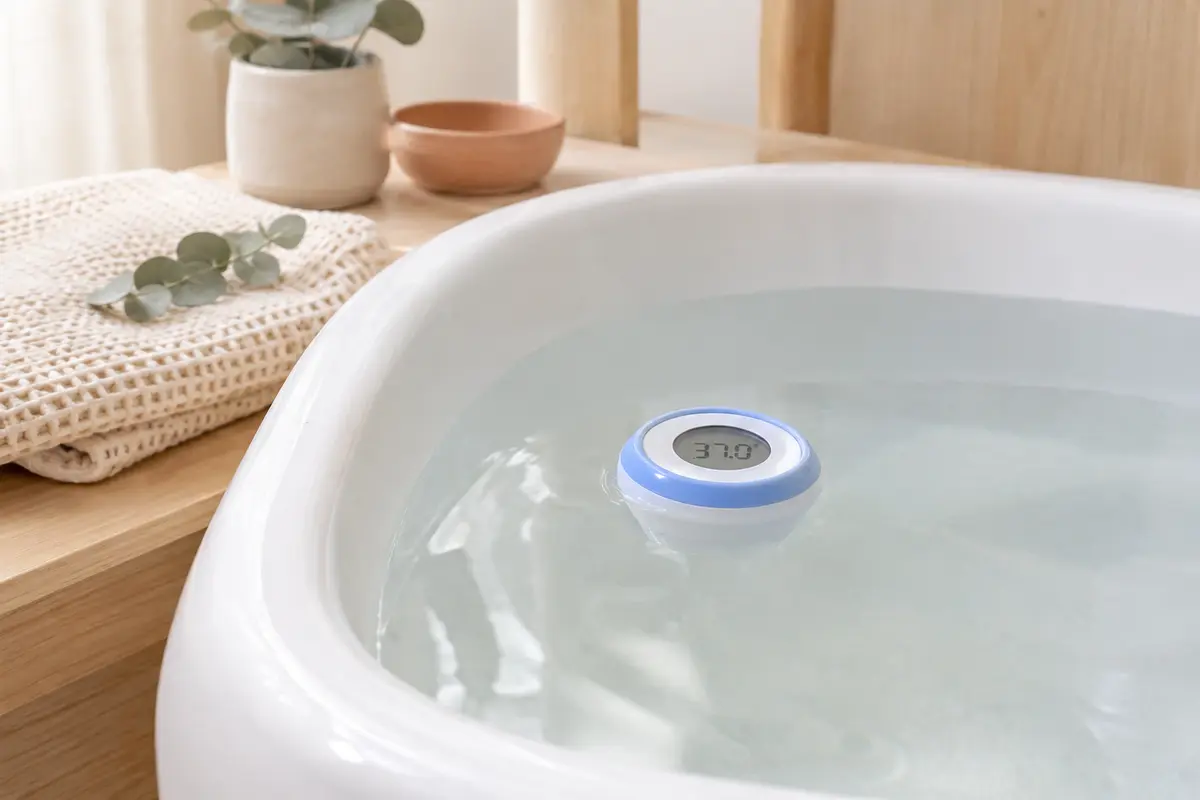 Thermomètre de bain Babyono flottant blanc et bleu, décoré avec Elsa et Anna de La Reine des neiges.