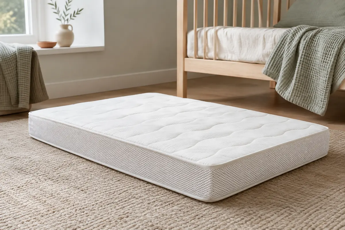Matelas bébé blanc réversible de 120 x 60 cm présenté dans une chambre lumineuse et épurée.