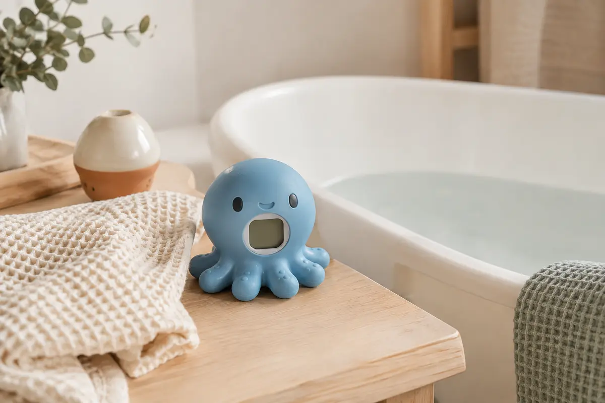 Thermomètre de bain digital bleu en forme de poulpe posé près d’une baignoire