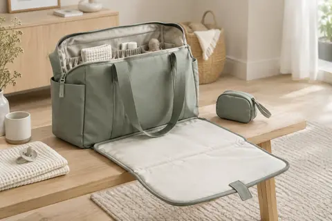 Sac à langer Béaba vert sauge ouvert, avec espace de change déplié et accessoires de sortie