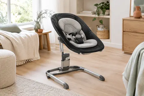 Transat bébé réglable Béaba avec assise rembourrée, réducteur de naissance et harnais cinq points