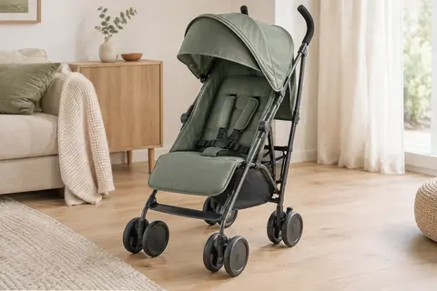 Poussette canne Bebeconfort Rainbow vert minéral dépliée dans une pièce claire au décor épuré
