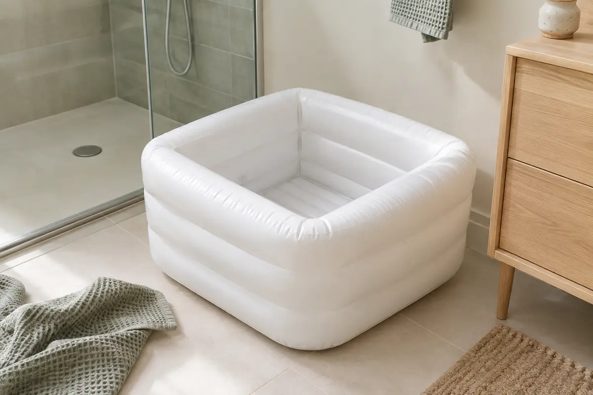Baignoire bébé carrée gonflable en vinyle clair, installée dans une salle de bain lumineuse.