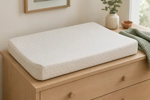 Matelas à langer Bonky à motif de points posé sur une commode en bois clair