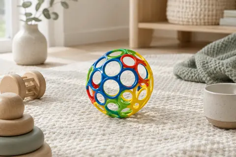 Balle d’éveil ajourée en plastique flexible, aux ouvertures arrondies et aux couleurs bleu, rouge, vert et jaune.