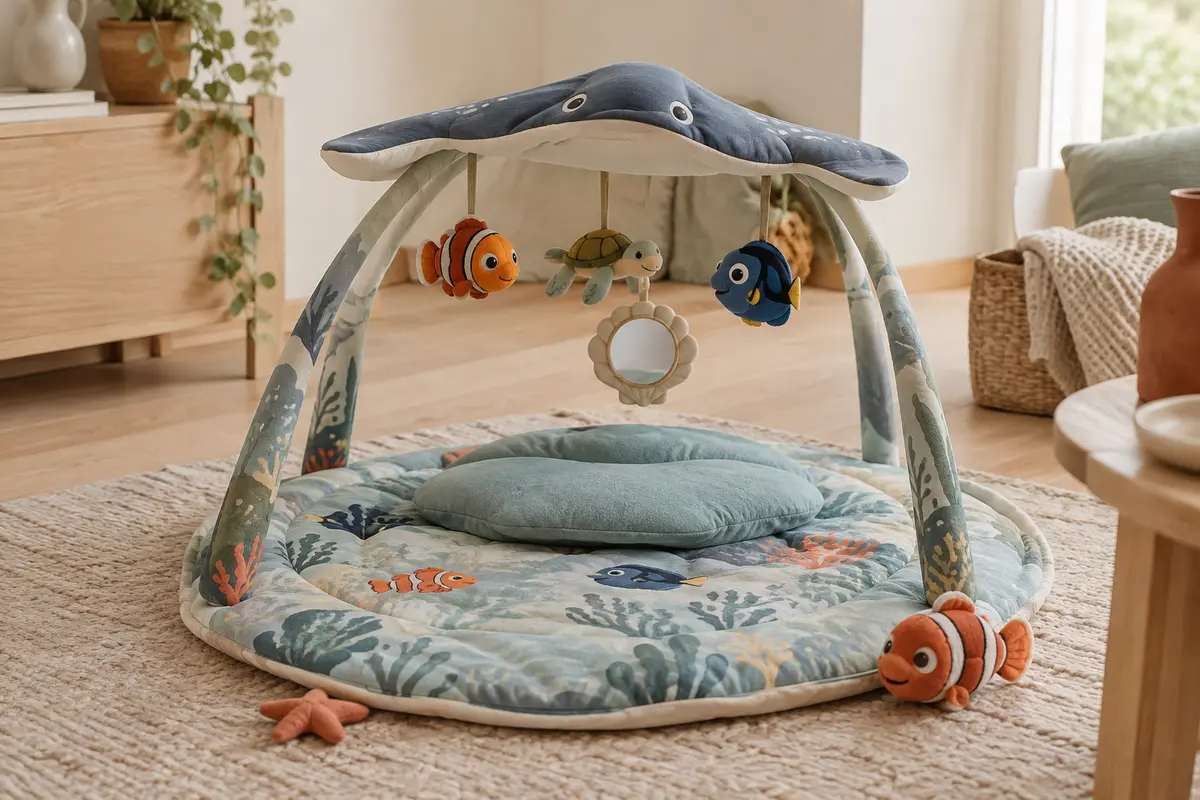 Tapis d’éveil marin avec arceau lumineux, coussin amovible et jouets détachables sur sol clair