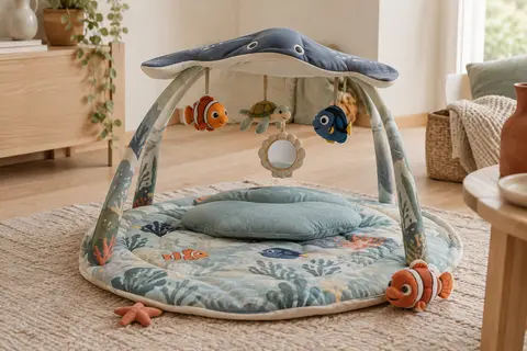 Tapis d’éveil marin avec arceau lumineux, coussin amovible et jouets détachables sur sol clair
