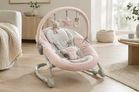 Transat bébé rose et gris avec arche amovible, hochet, anneau cœur et peluche Minnie