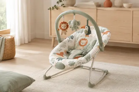 Transat bébé Bright Starts avec arche amovible, jouets animaux rotatifs et assise textile