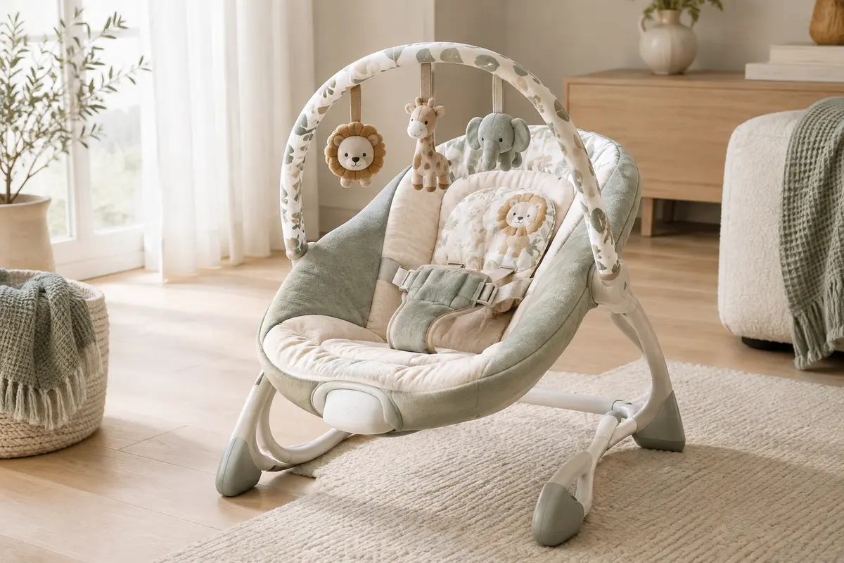 Transat bébé à siège profond avec arche de jouets amovible, posé dans une pièce lumineuse aux tons doux