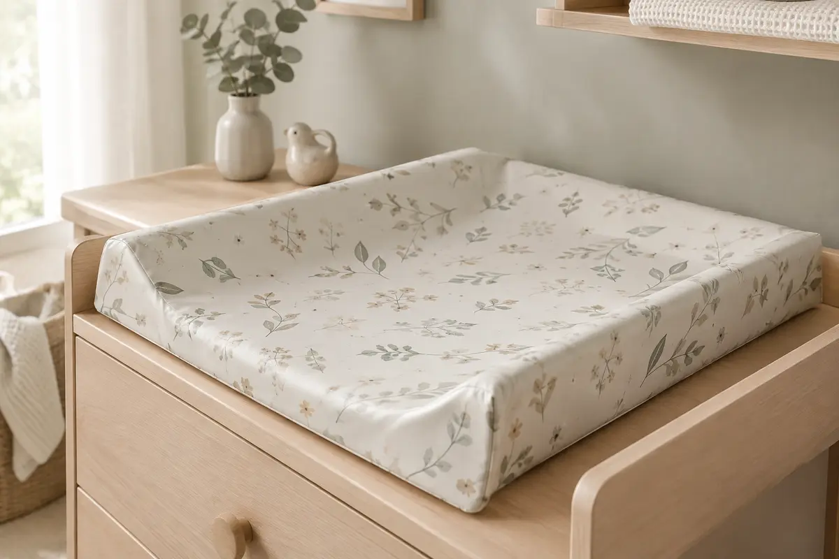 Matelas à langer Ceba Baby souple et imperméable posé sur une commode en bois clair.