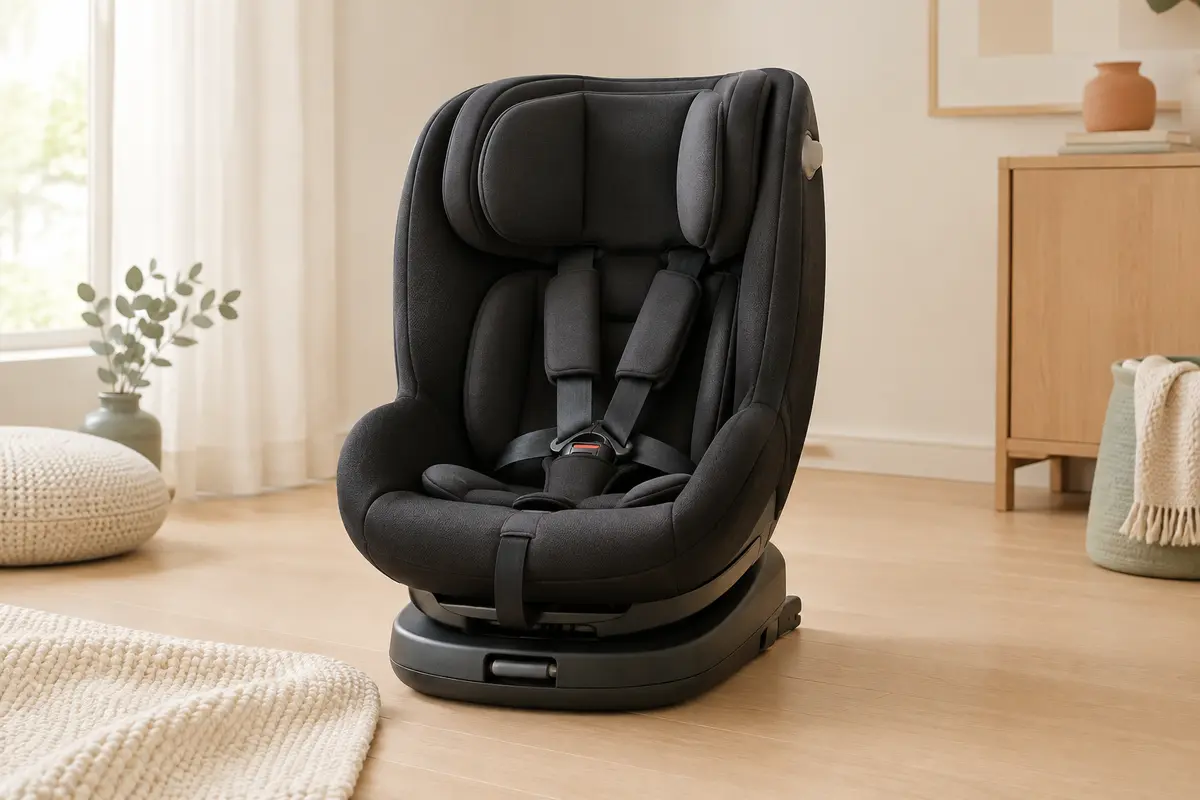 Siège auto évolutif noir pivotant, avec harnais à cinq points et appui-tête réglable