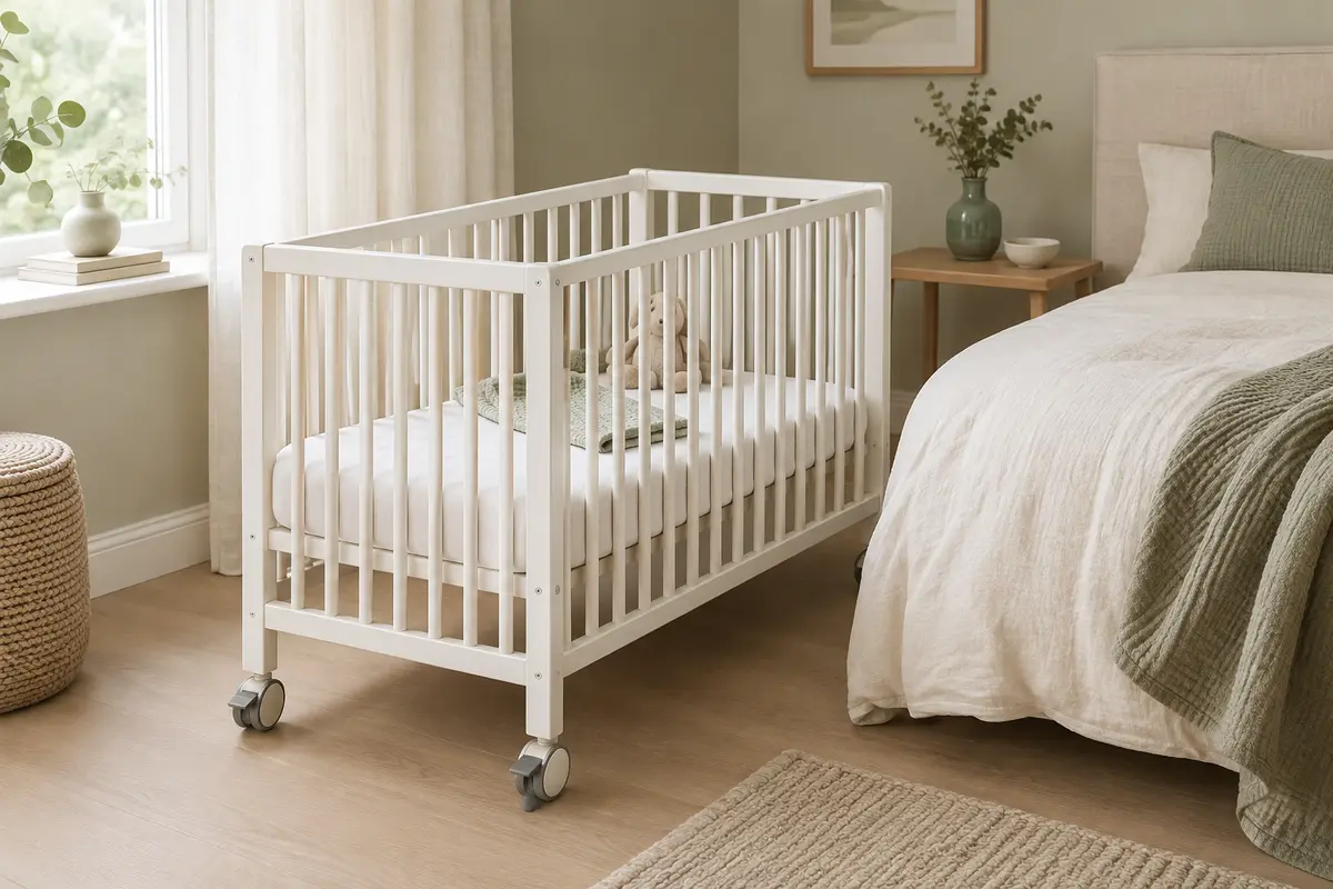 Lit bébé en hêtre avec matelas, roues et kit cododo dans une chambre claire