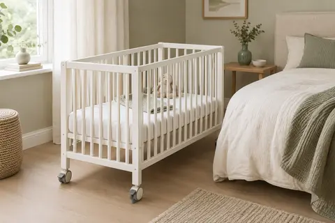 Lit bébé en hêtre avec matelas, roues et kit cododo dans une chambre claire
