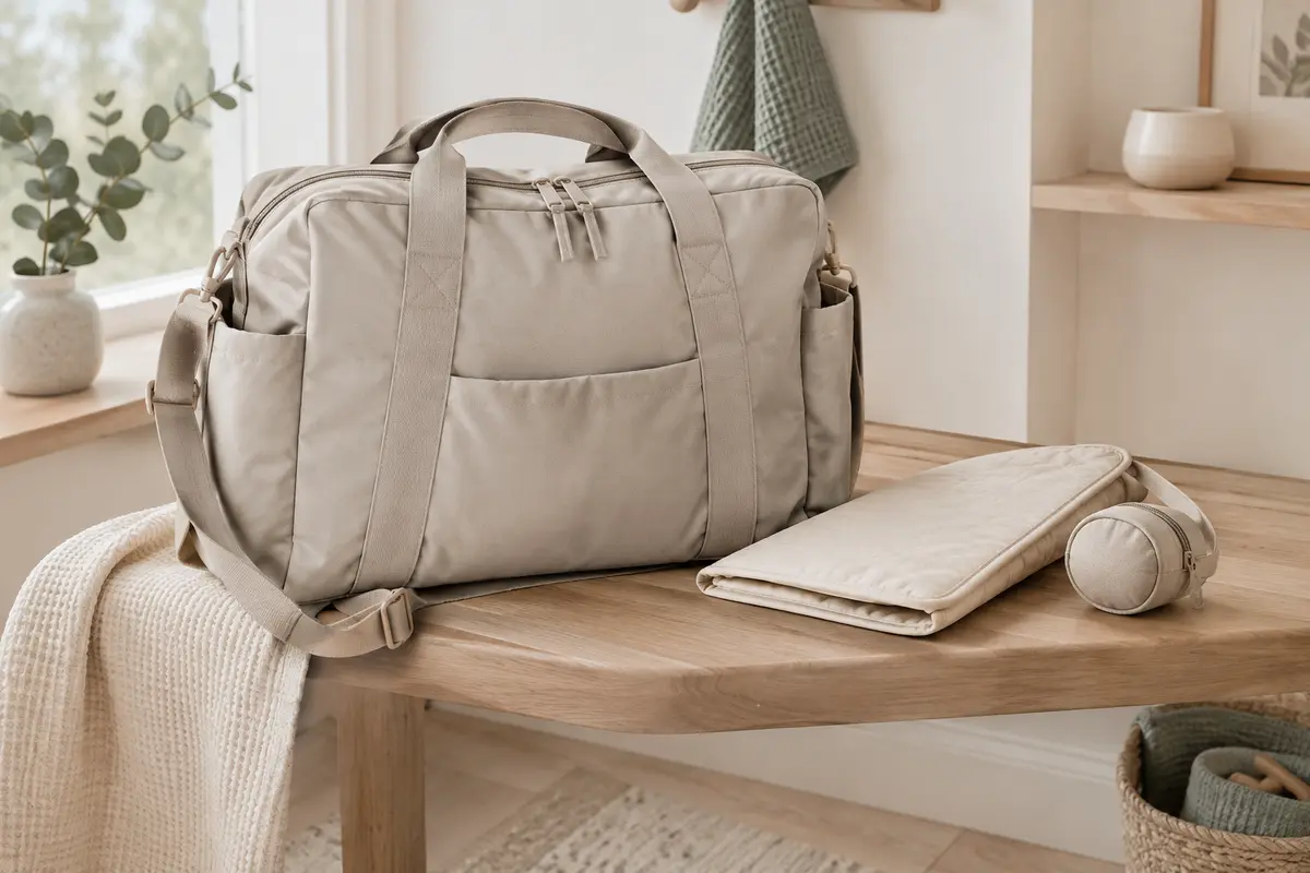 Sac à langer Dikaslon avec matelas amovible et étui à tétine, posé dans une pièce lumineuse