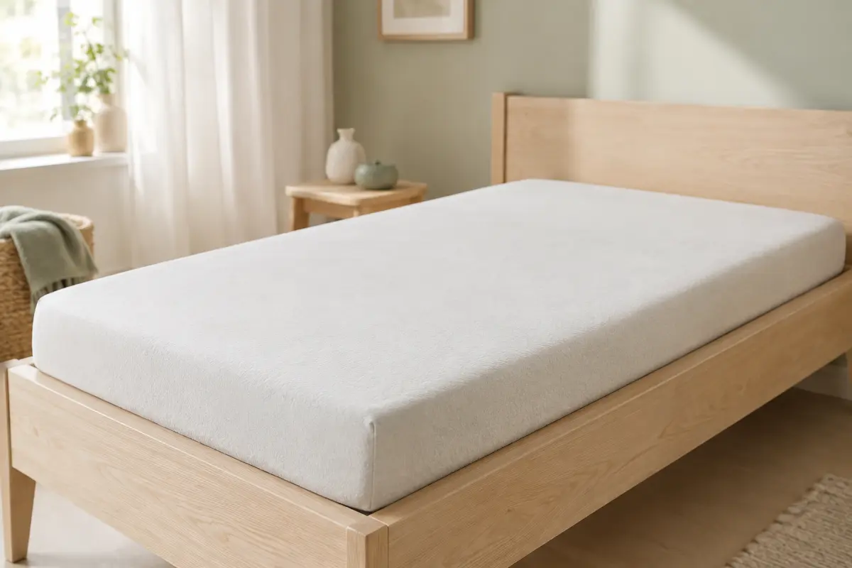Matelas bébé en mousse de 120 × 60 cm avec housse textile amovible, posé sur un support en bois clair.