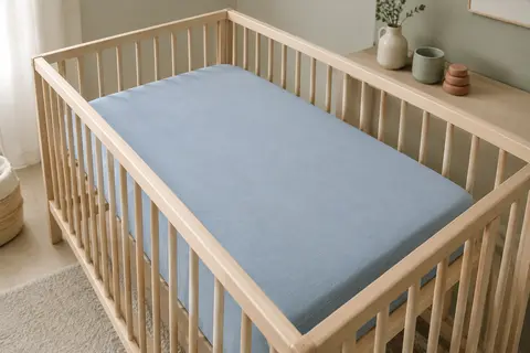 Matelas bébé bleu de 60 × 120 cm installé dans un lit à barreaux en bois clair.