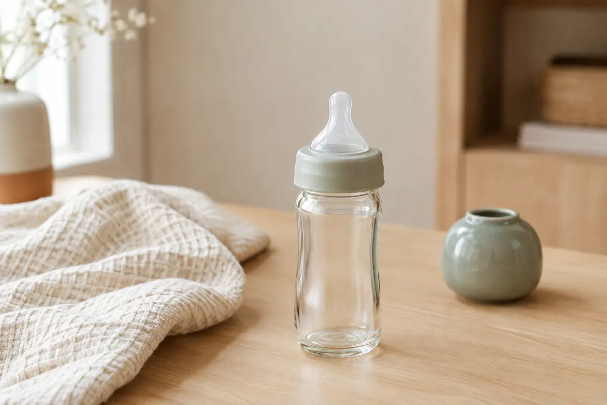 Biberon étroit en verre clair avec tétine en silicone, posé sur du bois clair dans une pièce lumineuse.